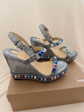 Christian Louboutin Silver Glitter Wedge Sandals with Iridescent Stud Accents